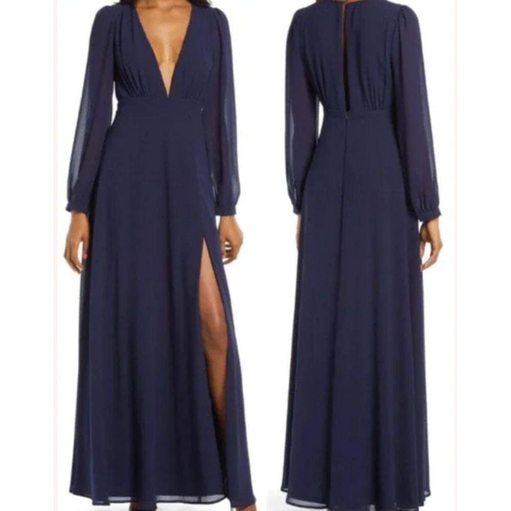 Lulu's Navy Long Sleeve Maxi Dress with Deep V & Side Slit NBW